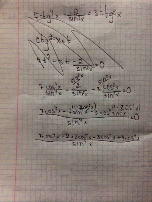 С1. a)7 ctg^4(x)-2/sin^2(x)=3 ctg^2(x) б)найтис1. a)7 ctg^4(x)-2/sin^2(x)=3 ctg^2(x) б)найти корни,п