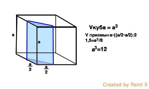 Объем треугольной призмы, отсекаемой от куба плоскостью, проходящей через середину двух ребер, выход