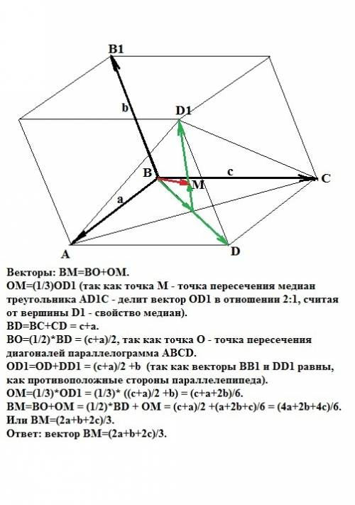 Дан параллелепипед abcda1b1c1d1.медианы треугольника aсd1 пересекаются в точке m. разложите вектор в