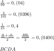 \frac{4}{99}=0,(04) \\ \\ \frac{4}{101}=0,(0396) \\ \\ \frac{1}{25}=0,4 \\ \\ \frac{ \frac{4}{99}+ \frac{4}{101} }{2} = \frac{ \frac{800}{9999} }{2}= 0,(0400) \\ \\ B C D A