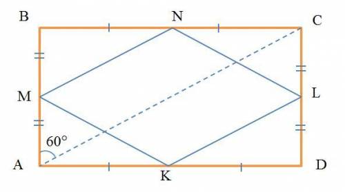 Менша сторона прямокутника дорівнює 16 м і утворює з його діагоналлю кут 60∘. середини всіх сторін п
