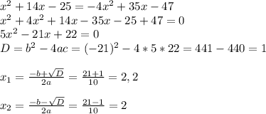 x^2+14x-25=-4x^2+35x-47 \\ x^2+4x^2+14x-35x-25+47=0 \\ 5x^2-21x+22=0 \\ D=b^2-4ac=(-21)^2-4*5*22=441-440=1 \\ \\ x_{1} = \frac{-b+ \sqrt{D} }{2a} = \frac{21+1}{10}=2,2 \\ \\ x_{2} = \frac{-b- \sqrt{D} }{2a} = \frac{21-1}{10}=2