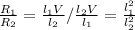 \frac{R_1}{R_2}= \frac{l_1V}{l_2}/ \frac{l_2V}{l_1}= \frac{l_1^2}{l_2^2}