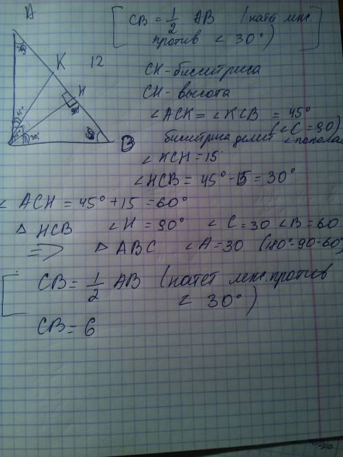 Впрямоугольном треугольнике авс угол между биссектрисой ск и высотой сн,проведенными из вершины прям