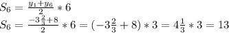 S_{6}= \frac{y_{1}+y_{6}}{2}*6 \\ &#10;S_{6}= \frac{-3 \frac{2}{3} +8}{2}*6 =(-3 \frac{2}{3} +8)*3=4 \frac{1}{3} *3=13\\