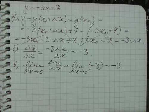 Для функции y= -3x+7 найдите а) приращение функции δy при переходе от точки x0 к точке x0+δx б) отно