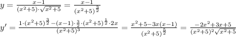 y=\frac{x-1}{(x^2+5)\cdot \sqrt{x^2+5}}=\frac{x-1}{(x^2+5)^{\frac{3}{2}}}\\\\y'=\frac{1\cdot (x^2+5)^{\frac{3}{2}}-(x-1)\cdot \frac{3}{2}\cdot (x^2+5)^{\frac{1}{2}}\cdot 2x}{(x^2+5)^3}=\frac{x^2+5-3x(x-1)}{(x^2+5)^{\frac{5}{2}}}=\frac{-2x^2+3x+5}{(x^2+5)^2\sqrt{x^2+5}}