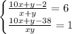 \begin{cases}\frac{10x+y-2}{x+y}=6\\\frac{10x+y-38}{xy}=1\end{cases}