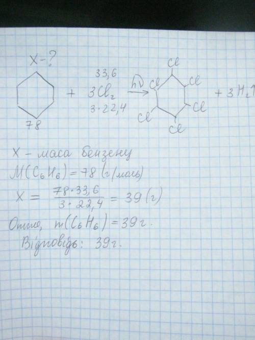 Укажіть масу бензену що під дією ультрафіолетового світла прореагував із хлором обємом 33,6 л