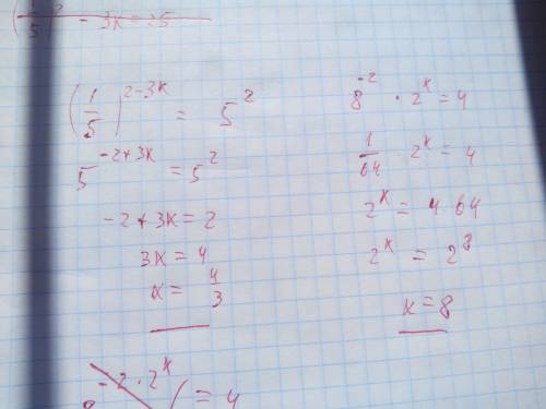 Решите уровнения (1\5)^2-3x=25 и вот подобное 8^-2*2^x=4