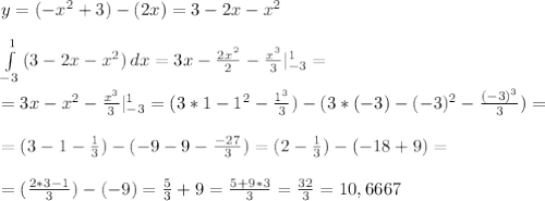 y=(-x^2+3)-(2x)=3-2x-x^2 \\ \\ \int\limits^{1}_{-3} {(3-2x-x^2)} \, dx =3x- \frac{2x^2}{2} - \frac{x^3}{3} |^{1}_{-3}= \\ \\ =3x-x^2-\frac{x^3}{3} |^{1}_{-3}=(3*1-1^2-\frac{1^3}{3})-(3*(-3)-(-3)^2-\frac{(-3)^3}{3})= \\ \\ =(3-1-\frac{1}{3})-(-9-9-\frac{-27}{3})=(2-\frac{1}{3})-(-18+9)= \\ \\ =(\frac{2*3-1}{3})-(-9)=\frac{5}{3}+9= \frac{5+9*3}{3} = \frac{32}{3} =10,6667