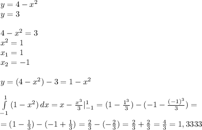 y=4-x^2 \\ y=3 \\ \\ 4-x^2=3 \\ x^2=1 \\ x_1=1 \\ x_2=-1 \\ \\ y=(4-x^2)-3=1-x^2 \\ \\ \int\limits^1_{-1} {(1-x^2)} \, dx =x- \frac{x^3}{3} |^1_{-1} =(1- \frac{1^3}{3})-(-1- \frac{(-1)^3}{3})= \\ \\ &#10;=(1- \frac{1}{3})-(-1+ \frac{1}{3})= \frac{2}{3} -( -\frac{2}{3} )=\frac{2}{3} +\frac{2}{3}= \frac{4}{3} =1,3333