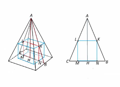 Вправильную четырехугольную пирамиды вписан куб. найдите ребро куба, если высота пирамиды 60, сторон