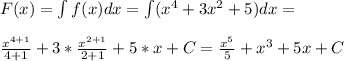 F(x)=\int f(x) dx=\int (x^4+3x^2+5) dx=\\\\ \frac{x^{4+1}}{4+1}+3*\frac{x^{2+1}}{2+1}+5*x+C=\frac{x^5}{5}+x^3+5x+C