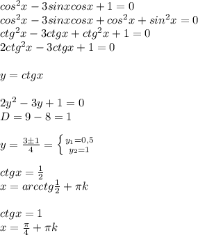 cos^2x-3sinxcosx+1=0 \\ cos^2x-3sinxcosx+cos^2x+sin^2x=0 \\ ctg^2x-3ctgx+ctg^2x+1=0 \\ 2ctg^2x-3ctgx+1=0 \\ \\ y=ctgx \\ \\ 2y^2-3y+1=0 \\ D=9-8=1 \\ \\ y= \frac{3\pm1}{4} = \left \{ {{y_1=0,5} \atop {y_2=1}} \right. \\ \\ ctgx= \frac{1}{2} \\ x=arcctg \frac{1}{2} + \pi k \\ \\ ctgx=1 \\ x= \frac{ \pi }{4}+ \pi k