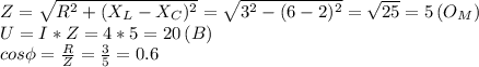 Z= \sqrt{R^2+(X_L-X_C)^2}= \sqrt{3^2-(6-2)^2}= \sqrt{25}=5 \, (O_M) \\ U=I*Z=4*5=20\,(B) \\ cos\phi= \frac{R}{Z}= \frac{3}{5}=0.6