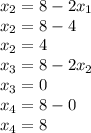 x_{2} =8-2 x_{1} \\ x_{2} =8-4 \\ x_{2}=4 \\ x_{3}=8-2 x_{2} \\ x_{3} =0 \\ x_{4} =8-0 \\ x_{4}=8