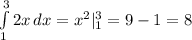 \int\limits^3_1 {2x} \, dx = x^2|\limits^3_1 = 9-1=8