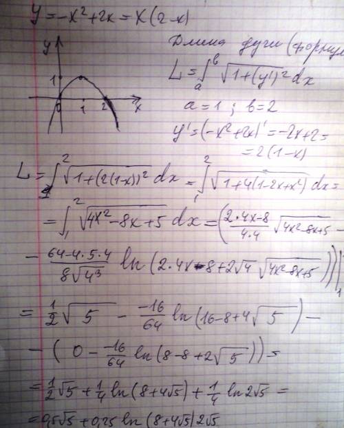 Как найти длину дуги кривой y=-x^2+2x от вершины до точки с абсциссой х=2. думаю вершина (1,1) но ка
