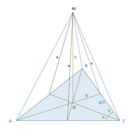 Точка м равноудалена от прямых ав, ас и вс, содержащих вершины треугольника авс со стороной 6см. рас