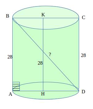 Объем цилиндра равен 112пи см3, а высота равна 28 см. найдите диагональ осевого сечения цилиндра.