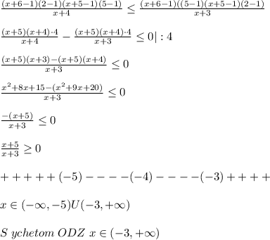 \frac{(x+6-1)(2-1)(x+5-1)(5-1)}{x+4} \leq \frac{(x+6-1)((5-1)(x+5-1)(2-1)}{x+3}\\\\\frac{(x+5)(x+4)\cdot 4}{x+4}-\frac{(x+5)(x+4)\cdot 4}{x+3} \leq 0|:4\\\\\frac{(x+5)(x+3)-(x+5)(x+4)}{x+3} \leq 0\\\\\frac{x^2+8x+15-(x^2+9x+20)}{x+3} \leq 0\\\\\frac{-(x+5)}{x+3} \leq 0\\\\\frac{x+5}{x+3} \geq 0\\\\+++++(-5)----(-4)----(-3)++++\\\\x\in (-\infty,-5)U(-3,+\infty)\\\\S \; ychetom\; ODZ\; x\in (-3,+\infty)
