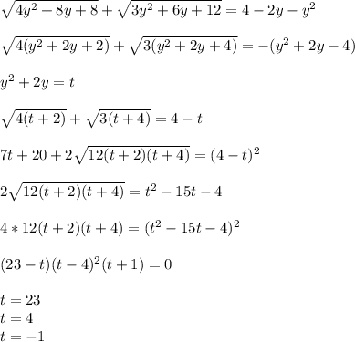 \sqrt{4y^2+8y+8}+ \sqrt{3y^2+6y+12}=4-2y-y^2\\\\&#10;\sqrt{4(y^2+2y+2)}+\sqrt{3(y^2+2y+4)} = -(y^2+2y-4)\\\\&#10; y^2+2y=t\\\\ &#10;\sqrt{4(t+2)}+\sqrt{3(t+4)} = 4-t\\\\&#10;7t+20+2\sqrt{12(t+2)(t+4)}=(4-t)^2\\\\&#10;2\sqrt{12(t+2)(t+4)}=t^2-15t-4\\\\ &#10;4*12(t+2)(t+4)=(t^2-15t-4)^2\\\\&#10;(23-t)(t-4)^2(t+1)=0\\\\&#10;t=23\\&#10;t=4\\&#10;t=-1\\\\&#10;&#10;
