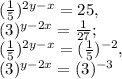 ( \frac{1}{5}) ^{2y-x} =25, \\ (3)^{y-2x}= \frac{1}{27}; \\ ( \frac{1}{5}) ^{2y-x} =( \frac{1}{5} ) ^{-2} , \\ (3 )^{y-2x} =(3) ^{-3}
