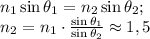 n_1\sin\theta_1=n_2\sin\theta_2;\\n_2=n_1\cdot \frac{\sin\theta_1}{\sin\theta_2}\approx 1,5