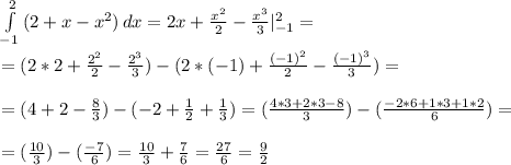 \int\limits^2_{-1} {(2+x-x^2)} \, dx =2x+ \frac{x^2}{2} - \frac{x^3}{3} |^2_{-1}= \\ \\ =(2*2+ \frac{2^2}{2} - \frac{2^3}{3})-(2*(-1)+ \frac{(-1)^2}{2} - \frac{(-1)^3}{3})= \\ \\ =(4+ 2 - \frac{8}{3})-(-2+ \frac{1}{2} + \frac{1}{3})=(\frac{4*3+2*3-8}{3})-(\frac{-2*6+1*3+1*2}{6})= \\ \\ =(\frac{10}{3})-(\frac{-7}{6})=\frac{10}{3}+\frac{7}{6}= \frac{27}{6} = \frac{9}{2}
