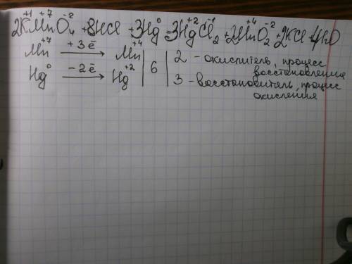 Kmno4+hcl+hg=hgcl2+mno2+kcl+h2o використовуючи метод електронного складіть хімічне рівняння окисно-в
