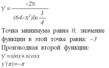 1.найдите наименьшее значение функции f(x) = log 1/4 (64-x^2) 2.найдите значение производной функции