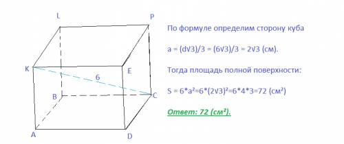 Диагональ куба равна 6 см. площадь полной поверхности куба-? рисунок тоже нужен.