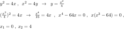 y^2=4x\; ,\; \; x^2=4y\; \; \to \; \; y=\frac{x^2}{4}\\\\(\frac{x^2}{4})^2=4x\; \; \to \; \; \frac{x^4}{16}=4x\; \; ,\; \; x^4-64x=0\; ,\; \; x(x^3-64)=0\; ,\\\\x_1=0\; ,\; x_2=4