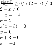 \frac{x(x+3)}{2-x} \geq 0/*(2-x) \neq 0 \\ 2-x \neq 0 \\ -x=-2 \\ x=2 \\ x(x+3)=0 \\ x=0 \\ x+3=0 \\ x=-3