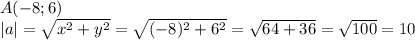 A(-8;6)\\ |a|= \sqrt{ x^{2} +y^{2} } = \sqrt{(-8) ^{2} +6 ^{2} } = \sqrt{64+36} = \sqrt{100} =10