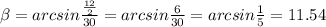 \beta =arcsin \frac{ \frac{12}{2} }{30} =arcsin \frac{6}{30} =arcsin \frac{1}{5} =11.54