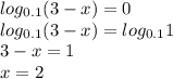 log_{0.1}(3-x)=0 \\ log_{0.1}(3-x)=log_{0.1}1 \\ 3-x=1 \\ x=2