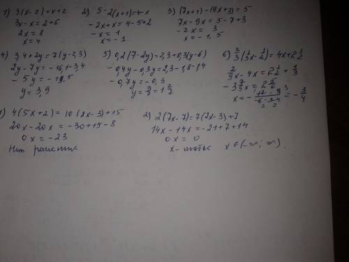 1)3(х-2)=х+2 2)5-2(х+1)=4-х 3)(7х++3)=5 4)3,4+2у=7(у-2,3) 5)0,2(7-2у)=2,3+0,3(у-6) 6)2/3(1/3 x-1/2)=