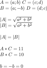 A=(a;b) \ C=(c;d)\\ B=(a;-b) \ D=(d;c) \ \\\\ |A|=\sqrt{a^2+b^2}\\|B|=\sqrt{a^2+b^2}\\\\ |A|=|B|\\\\ A*C=11\\ B*C=10\\\\ b=-b=0\\
