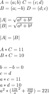 A=(a;b) \ C=(c;d)\\ B=(a;-b) \ D=(d;c) \\\\\ |A|=\sqrt{a^2+b^2}\\|B|=\sqrt{a^2+b^2}\\\\ |A|=|B|\\\\ A*C=11\\ B*C=10\\\\ &#10;b=-b=0\\ &#10;c=d\\&#10; a*c=11\\&#10; a*d=10\\&#10; a^2*(\frac{121}{a}^2+\frac{100}{a^2}) = 221 &#10;&#10;