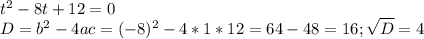 t^2-8t+12=0 \\ D=b^2-4ac=(-8)^2-4*1*12=64-48=16; \sqrt{D} =4