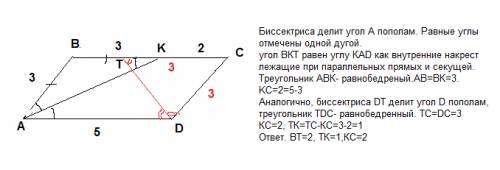 Стороны параллелограмма равны 5 и 3. биссектрисы двух углов, прилежащих к большой стороне, делят про