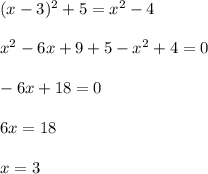 (x-3)^2+5=x^2-4\\\\x^2-6x+9+5-x^2+4=0\\\\-6x+18=0\\\\6x=18\\\\x=3