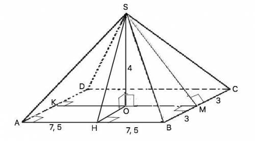 Основою піраміди є прямокутник зі сторонами 6 і 15 , висота піраміди 4 . знайти sбічне піраміди