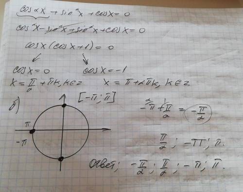 Найдите все решения уравнения cos 2x + sin^2 x + cos x = 0укажите корни, принадлежащие отрезку [-пи;