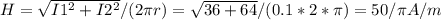 H=\sqrt{I1^{2}+I2^{2}}/(2\pi r)=\sqrt{36+64}/(0.1*2*\pi )=50/\pi A/m