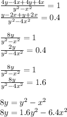 \frac{4y-4x+4y+4x}{y^2-x^2} =1 \\ \frac{y-2x+y+2x}{y^2-4x^2} =0.4 \\ \\ \frac{8y}{y^2-x^2} =1 \\ \frac{2y}{y^2-4x^2} =0.4 \\ \\ \frac{8y}{y^2-x^2} =1 \\ \frac{8y}{y^2-4x^2} =1.6 \\ \\ 8y=y^2-x^2 \\ 8y=1.6y^2-6.4x^2