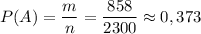 P(A) = \dfrac{m}{n} =\dfrac{858}{2300} \approx 0,373