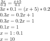 \frac{3x}{0.2}= \frac{x+5}{0.1} \\ 3x*0.1=(x+5)*0.2 \\ 0.3x=0.2x+1 \\ 0.3x-0.2x=1 \\ 0.1x=1 \\ x=1:0.1 \\ x=10